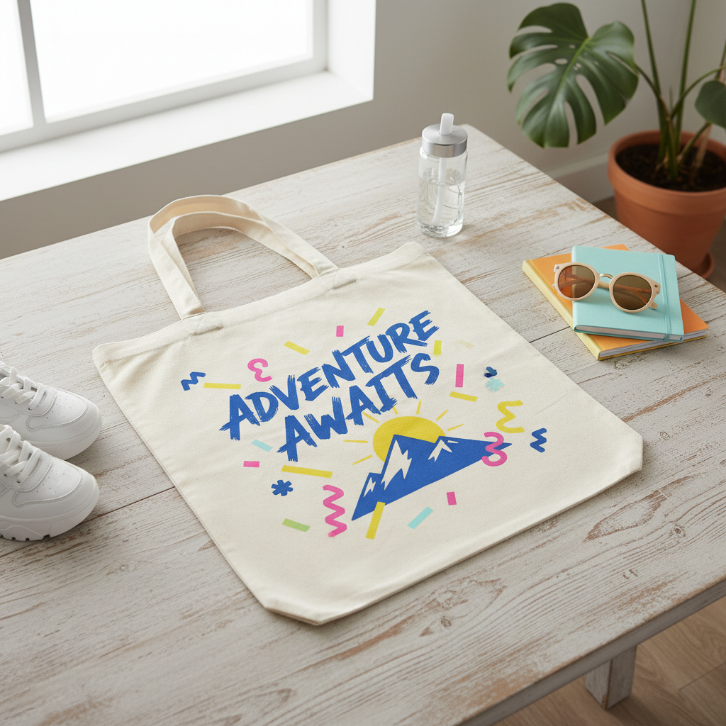 Custom print canvas tote bag in vibrant colours on aesthetic background